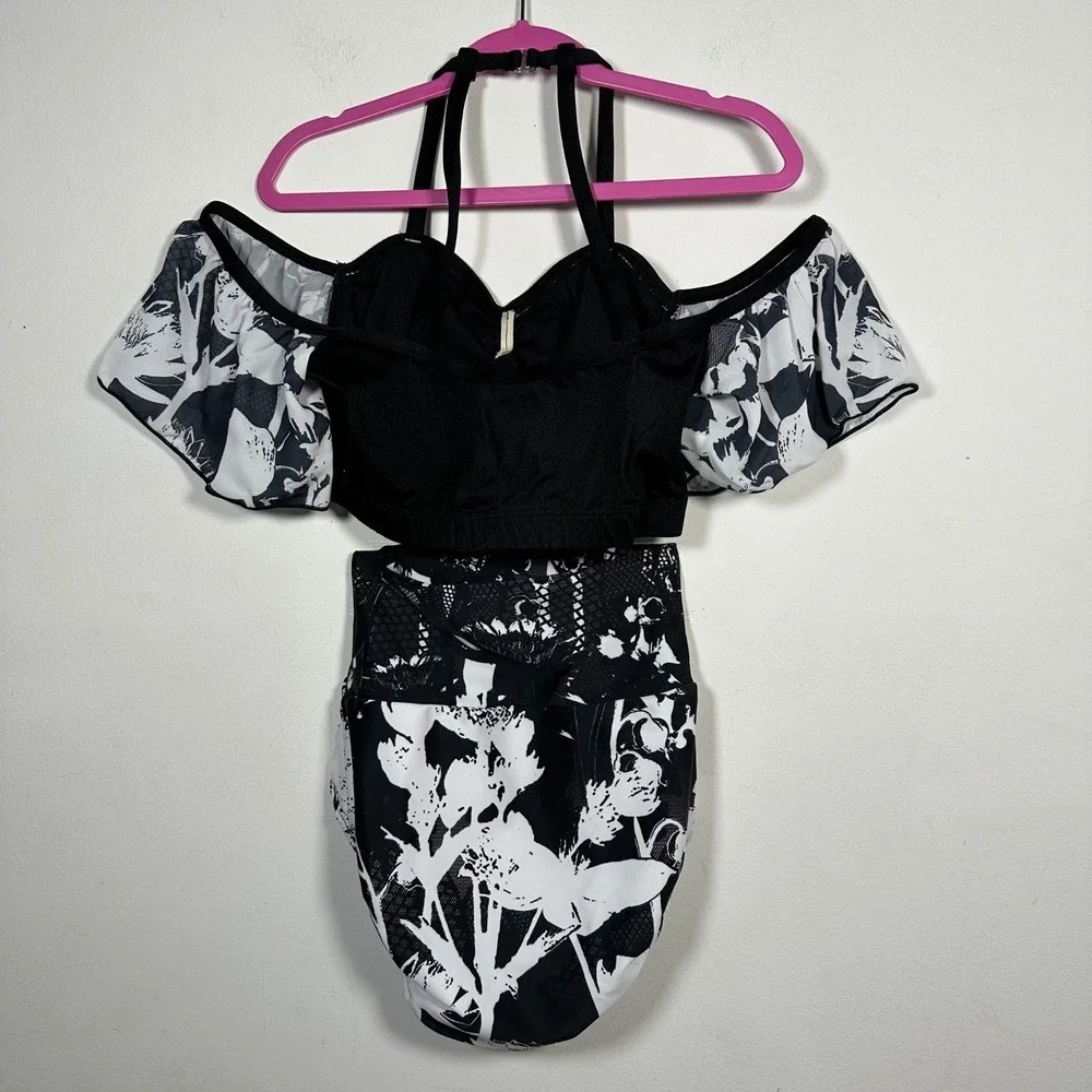 Alexandra Just For Kix Dance Costume Black White Floral Crop Top Briefs adult XS